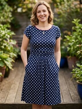 Navy Blue Polka Dot A-Line Dress with Pockets